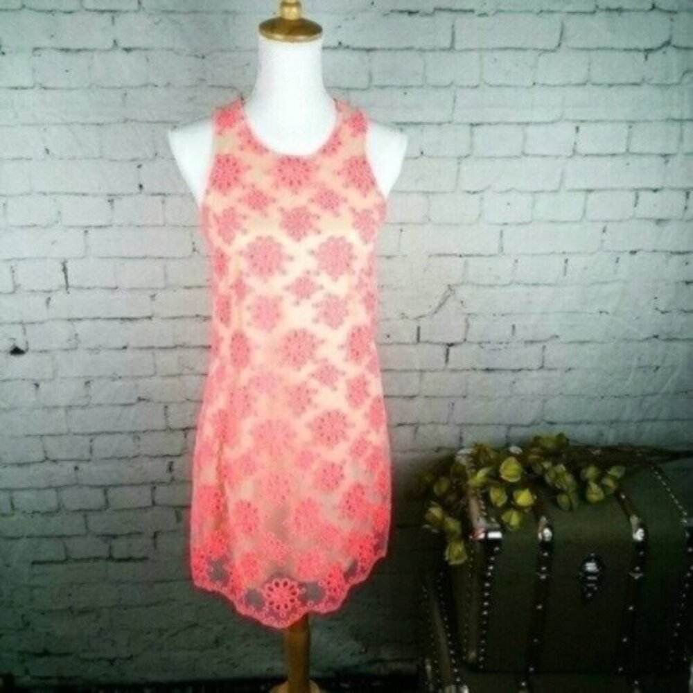 Freeway Neon Embroidered Floral Shift Dress Coral Small